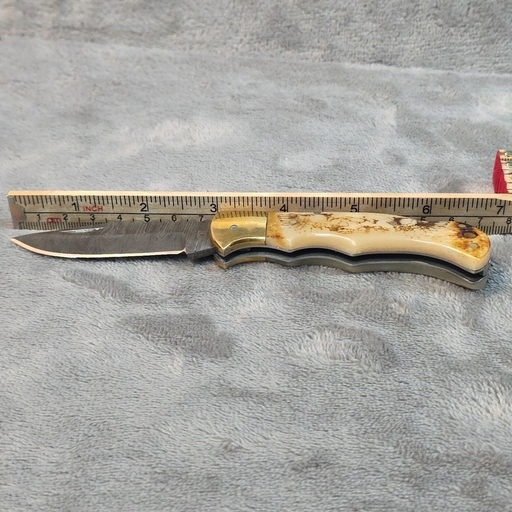 Delta Knives Damascus 3 Inch‎ Drop Point Brass Carved Skull Wings... - Picture 5 of 12